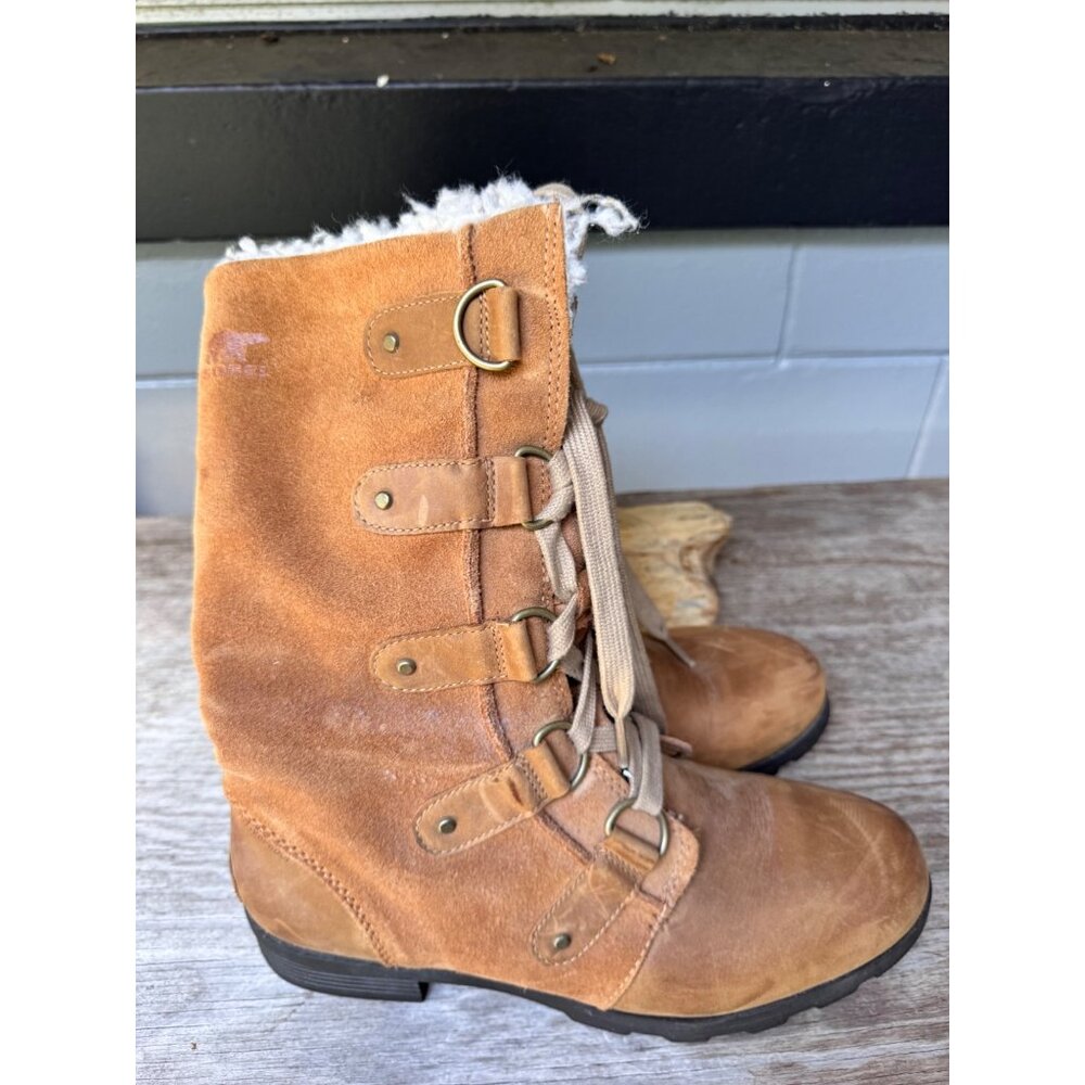SOREL Emelie NL2680-286 Tan Suede Leather Waterproof Lace Up Tall Boots Faux Fur - Picture 2 of 10